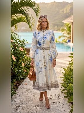 Floral Blue and Cream Midi Dress with Belt S/M